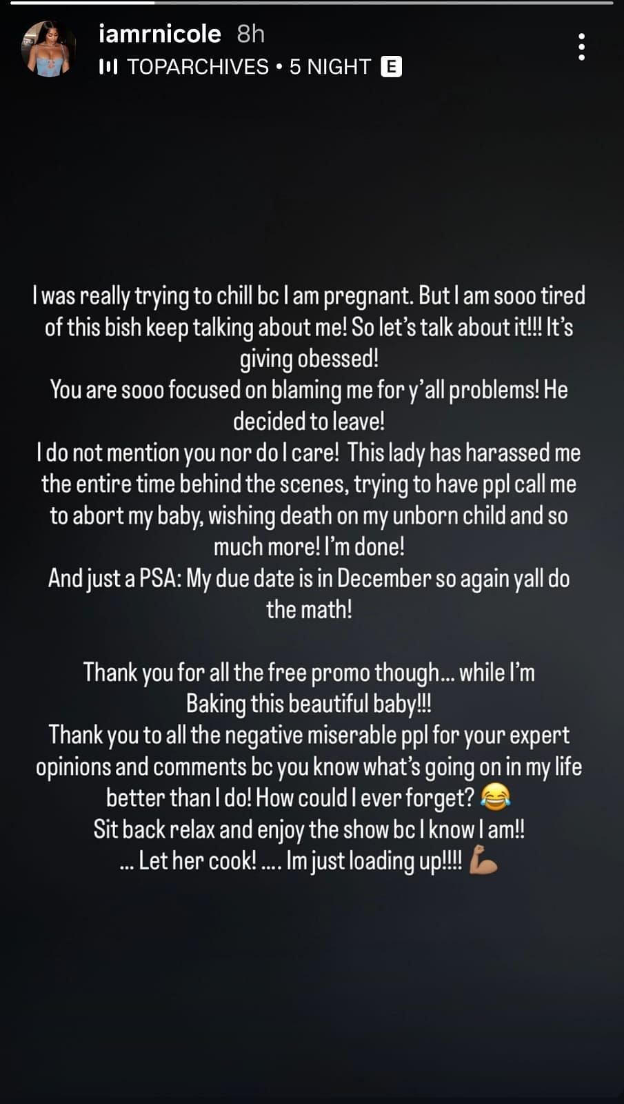 Rashida Nicole's message on Instagram